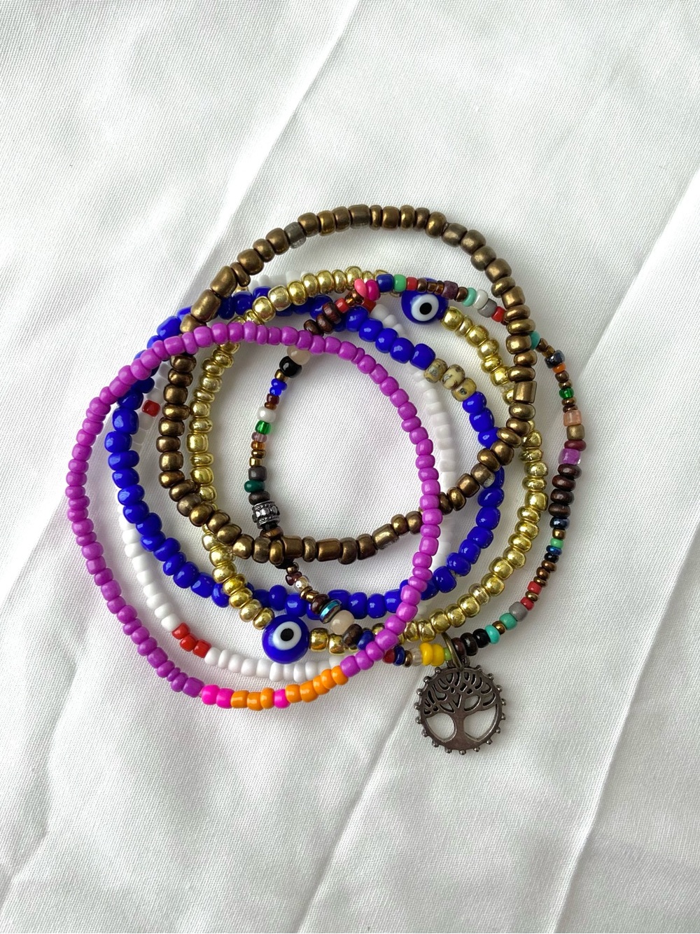 Six Beaded Stackable Bracelet Set with evil eye and Tree Charm